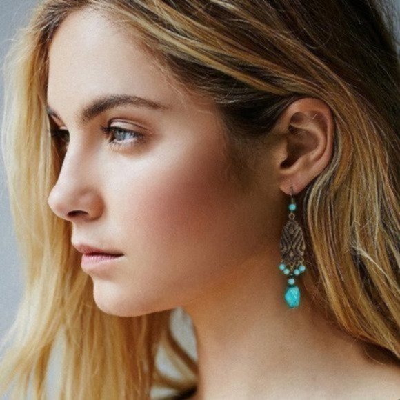 FP Jewelery Natural Turquoise  Stone Earrings Antique Gold Bronze - Picture 1 of 5